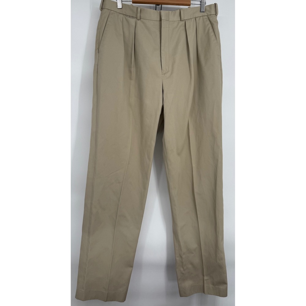 Lands End Mens Sz 36 Long Pleated Chino Pants Khaki Cotton Twill Straight Leg